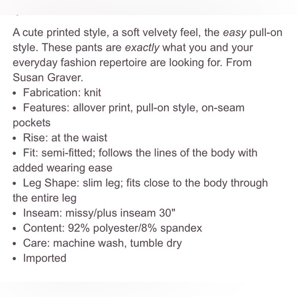 Susan Graver Printed Velvet Slim Leg Pant - Picture 8 of 9